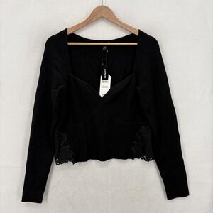 Express Body Contour Sweater Womens XL Black Lace Hem Knit Ribbed Long Sleeve